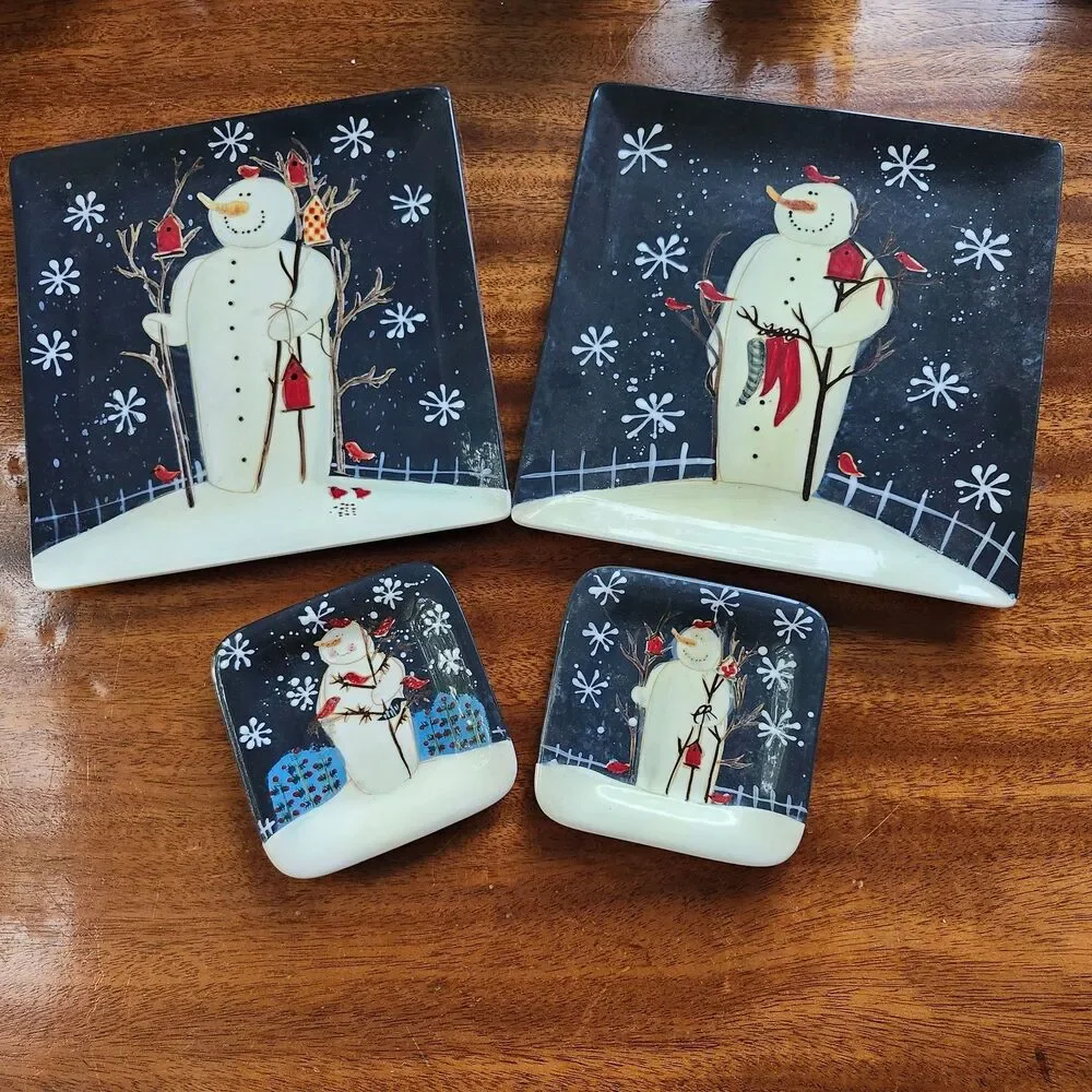 Twilight Snowman Mary Beth Baxter Holiday 4 Plates  2 Dinner & 2 Appetizers